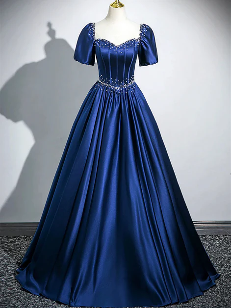 Charming Navy Blue Satin Sweetheart Pearls Beaded Party Prom Dress, A Line Ball Gown