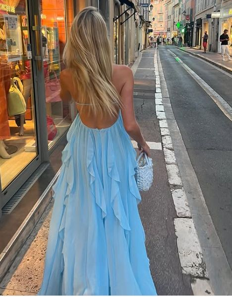 Sexy Halter Blue Chiffon Backless Evening Dress Long Prom Dress