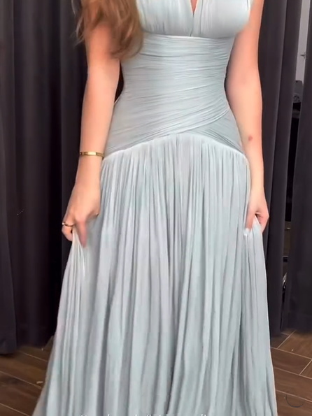 Elegant Blue Halter V Neck Chiffon Pleated Mermaid Evening Dress Long Wedding Guest Dress