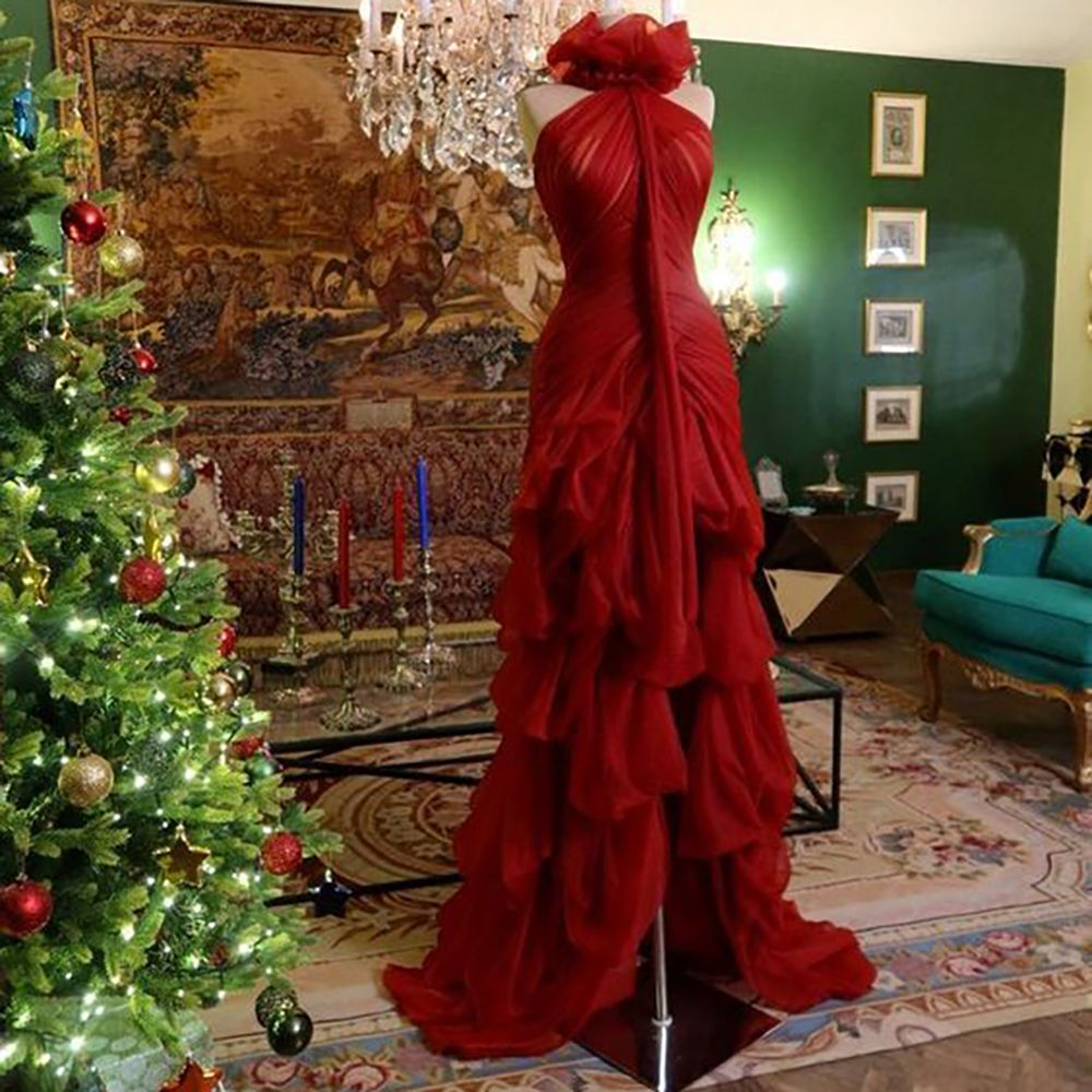 Chic Red Chiffon Pleated layered Slit Mermaid Prom & Evening Dress - FashionDia