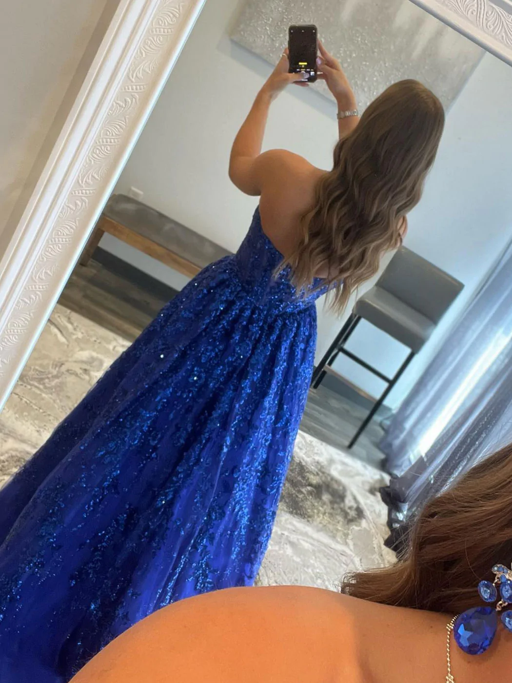 Blue A line tulle sequin long prom dress, blue tulle evening dress Y249 - View 3 | VelvetHem