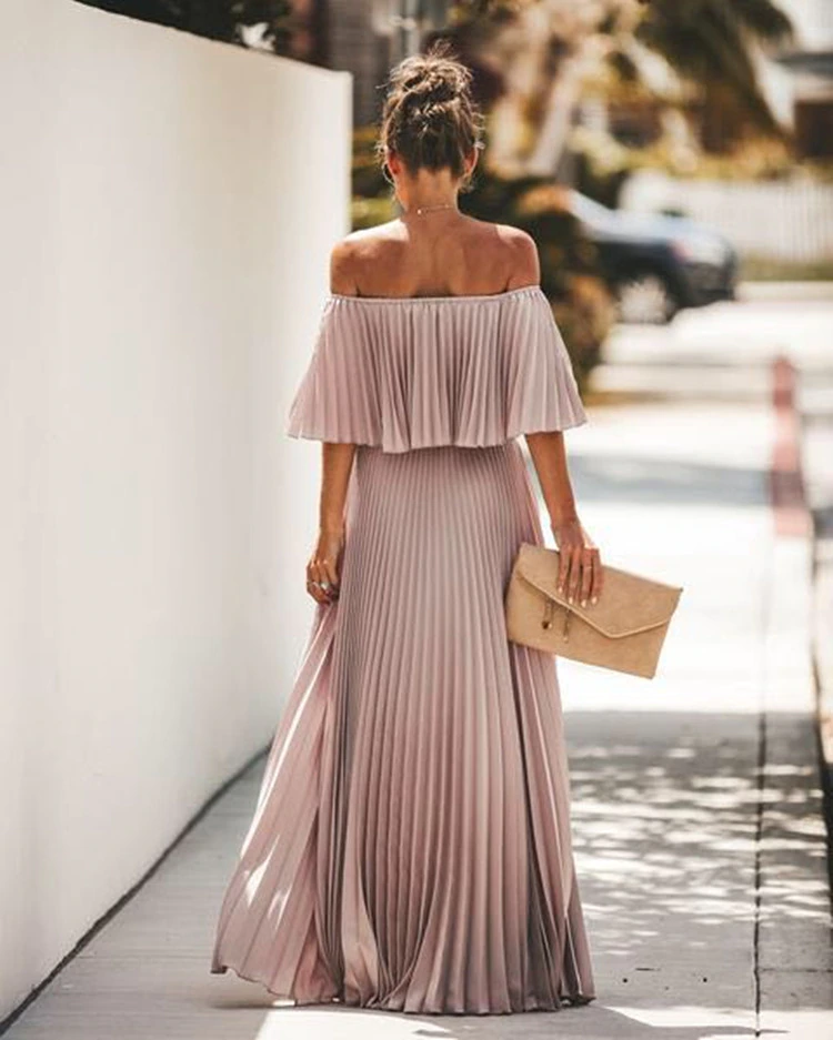 Elegant Off Shoulder Chiffon Summer Ruffle Pleated Prom Dresses  C749