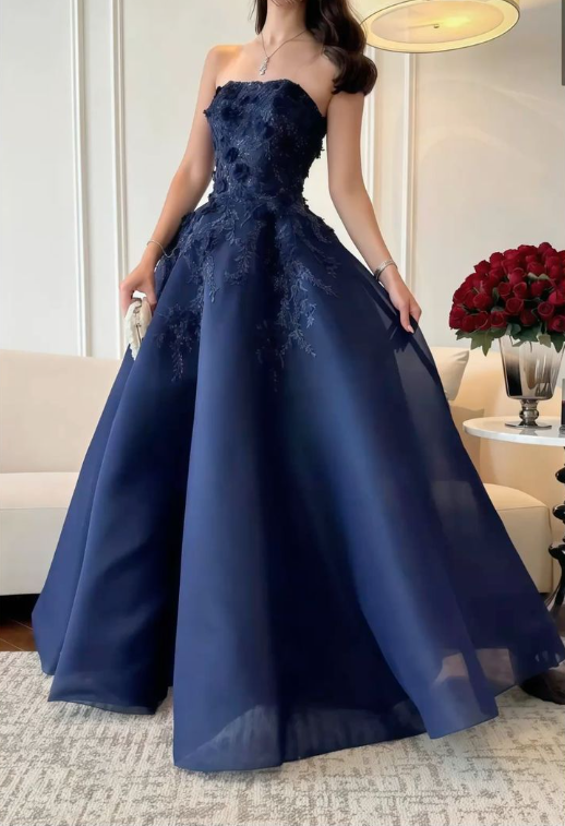 Gorgeous Navy Blue Strapless Organza Appliques Long Party Dress Evening Dress