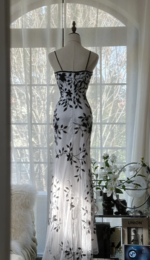 Unique Spaghetti Straps White Chiffon Black Beaded Mermaid Long Evening Dress Formal Birthday Party Dress - View 3 | FashionDia