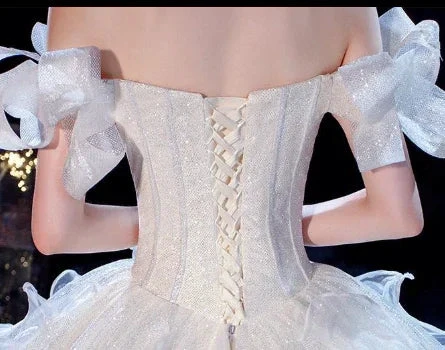 Fairy Romantic Off Shoulder White Wedding Dress Sweep Train (ZD13710)