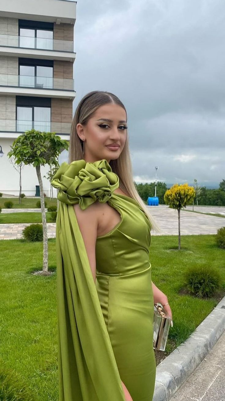 Sexy Sheath Long Party Prom Dress Olive Green One Shoulder Prom Evening Dress Y8009 - View 2 | VelvetHem