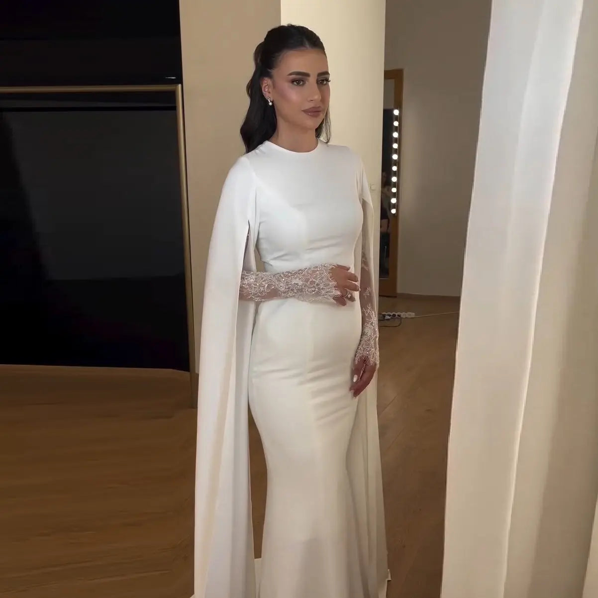 Ivory Minimalist Modest Mermaid Beaded Satin Wedding Dress  Sweep Train ZP031