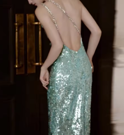 Charming One Shoulder Sequin Green Mermaid Prom Dress Backless Long Evening Dress