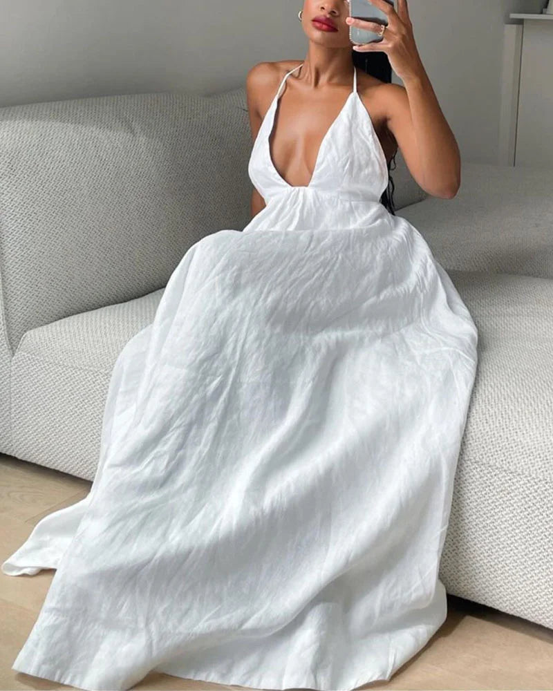 Deep V-neck lace-up cotton and linen dress - Fashionpara