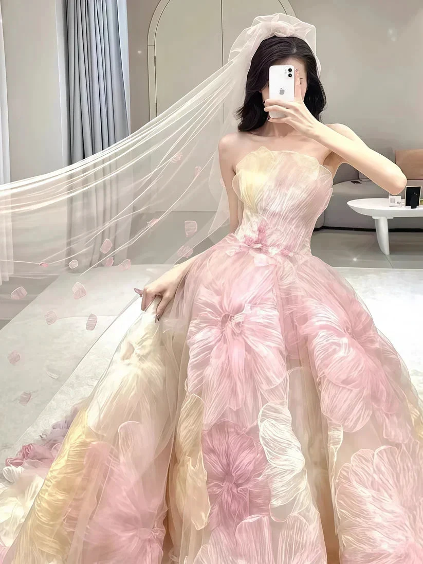 Dream Princess Floral Ball Gown, Strapless A-line Evening Prom Dress,Wedding Dress (ZD13743) - View 3 | VelvetHem