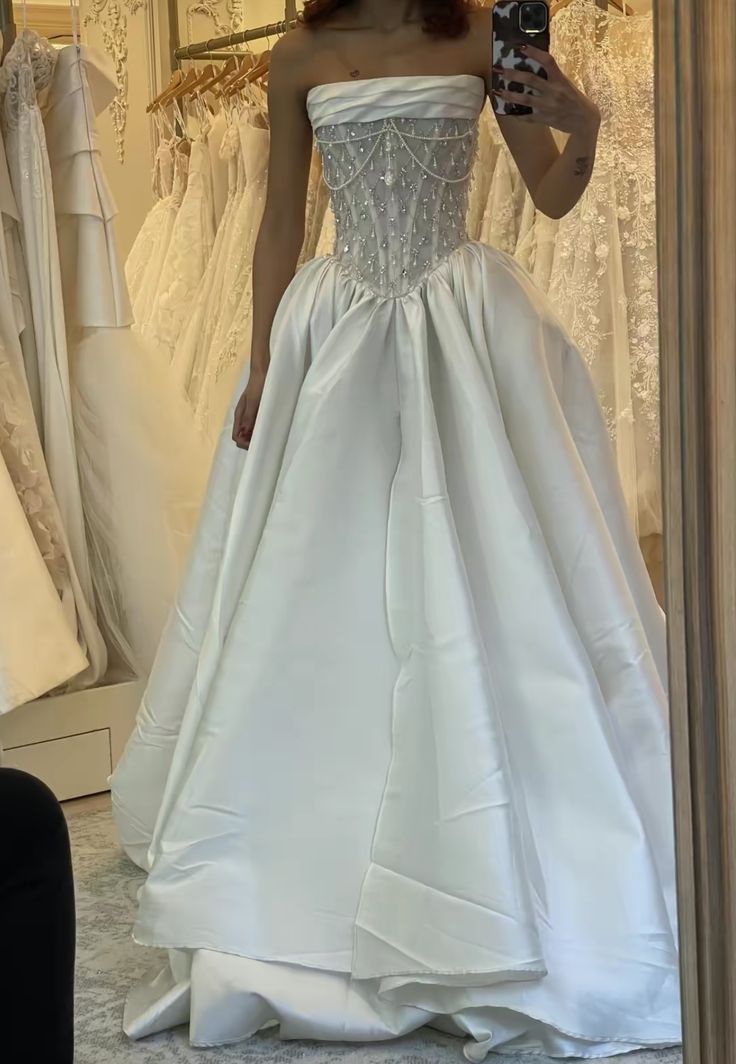 A-Line Stunning Strapless Satin Wedding Dresses With Beads - FashionDia