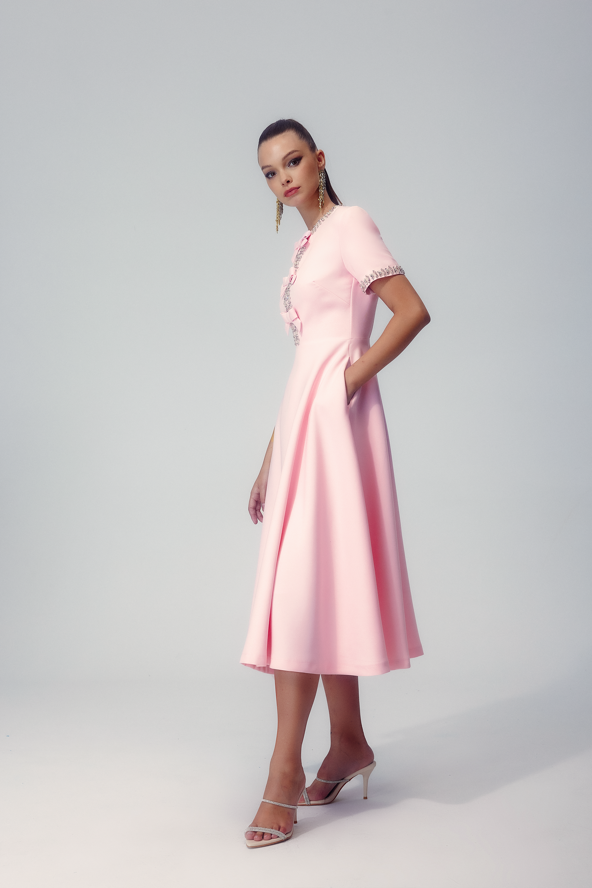 Minimalist Mercedes Midi Dress with Bow and Crystal Embellishment Chic Silhouette Collection
