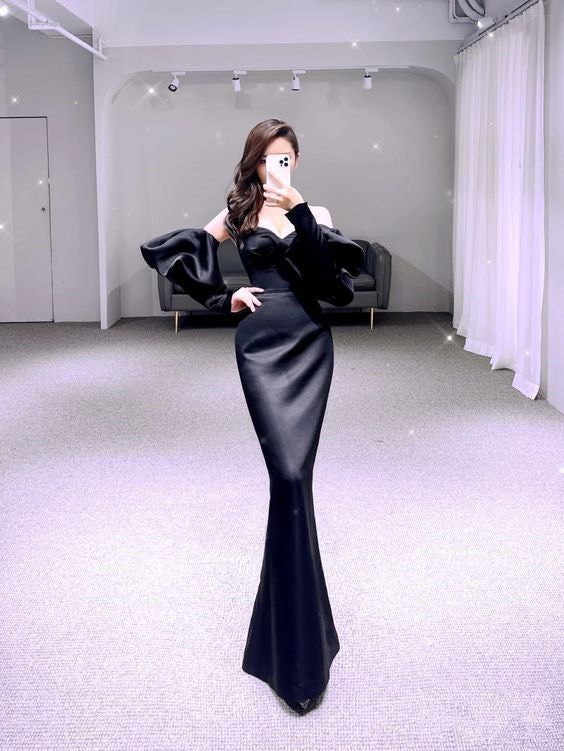 Simple Mermaid Black Prom Dress Satin Long Evening Dress Y6416 - VelvetHem
