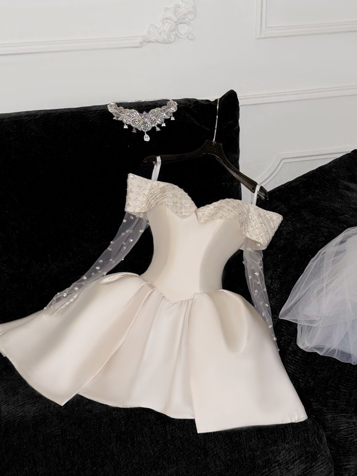 Classy Light Champagne Satin Off-the-Shoulder Birthday Outfits Homecoming Dress - FashionDia