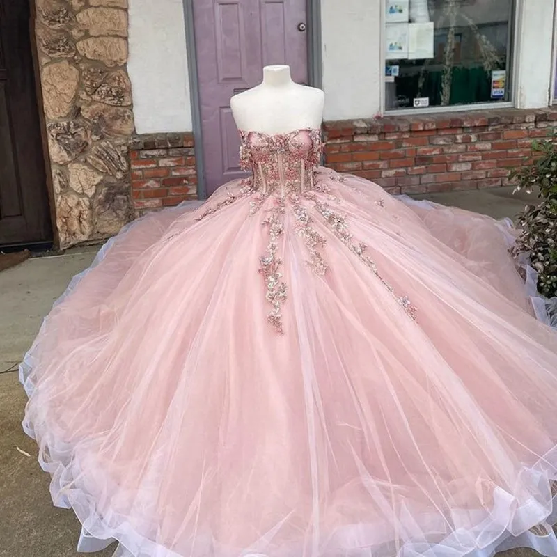 Pink Tulle Floral Appliques Ball Gown Sweet 16 Dress Y527 - View 4 | VelvetHem