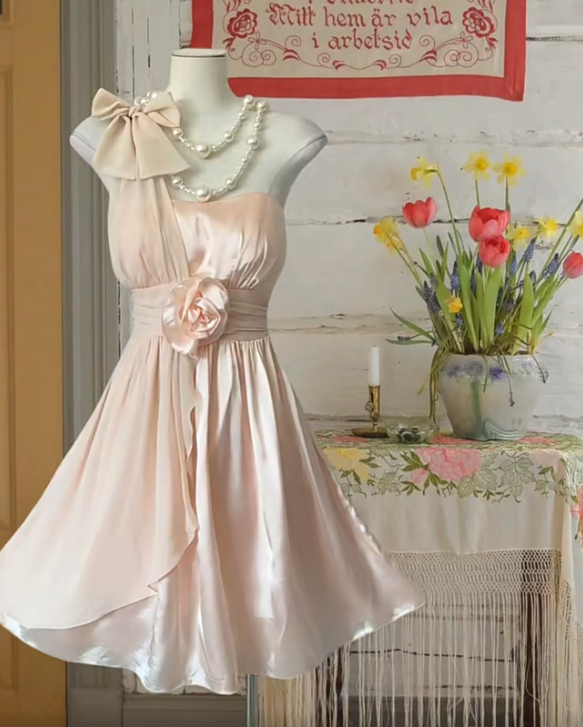Elegant One-Shoulder Pink Satin Chiffon A-Line Homecoming Dress Formal 21st Birthday Outfits - FashionDia