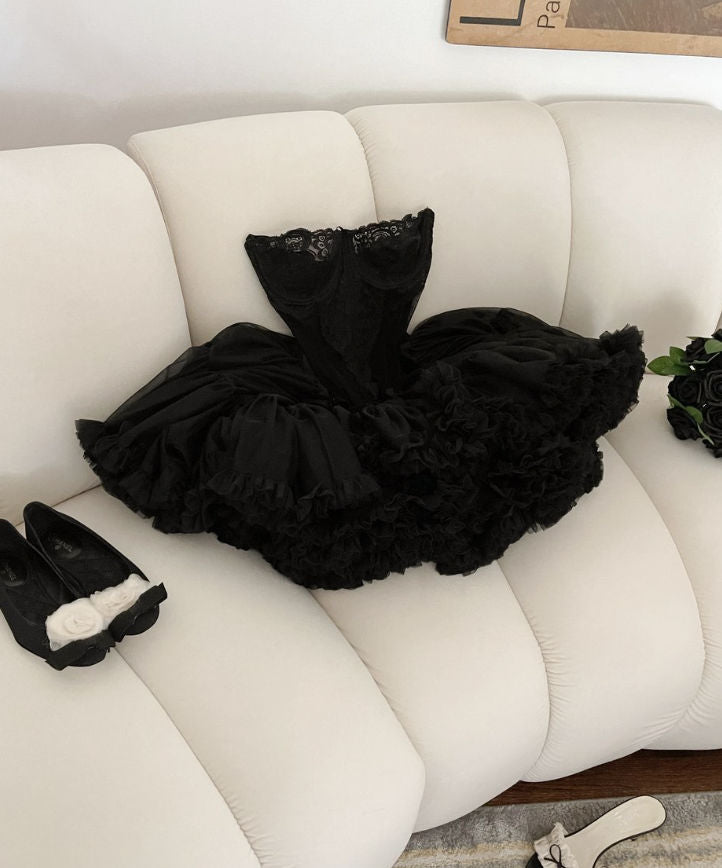Cute Ball Gown Strapless Black Ruffles Lace Homecoming Dress Short Birthday Outfits - View 2 | FashionDia