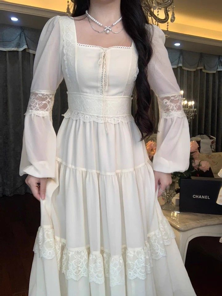 A-Line Square Neck Prom Dress Ivory Evening Dress Formal Prom Gown - FashionDia