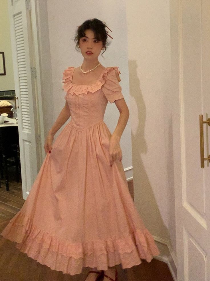 Elegant A-Line Prom Dress vintage blush pink square neck dress - FashionDia