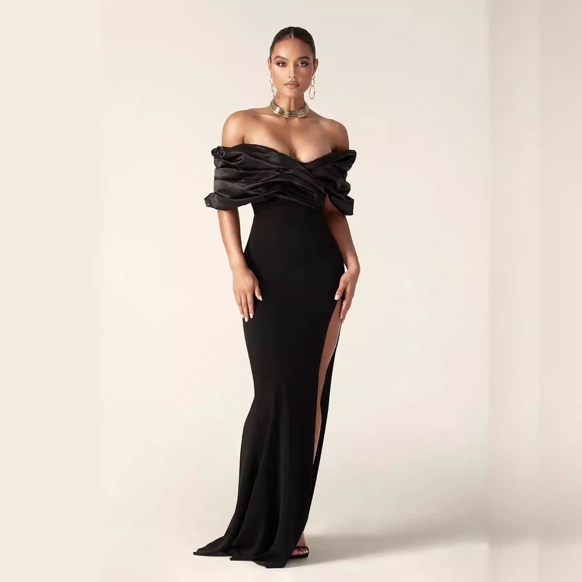 Off-Shoulder Ruched Slit Prom Dress - VelvetHem