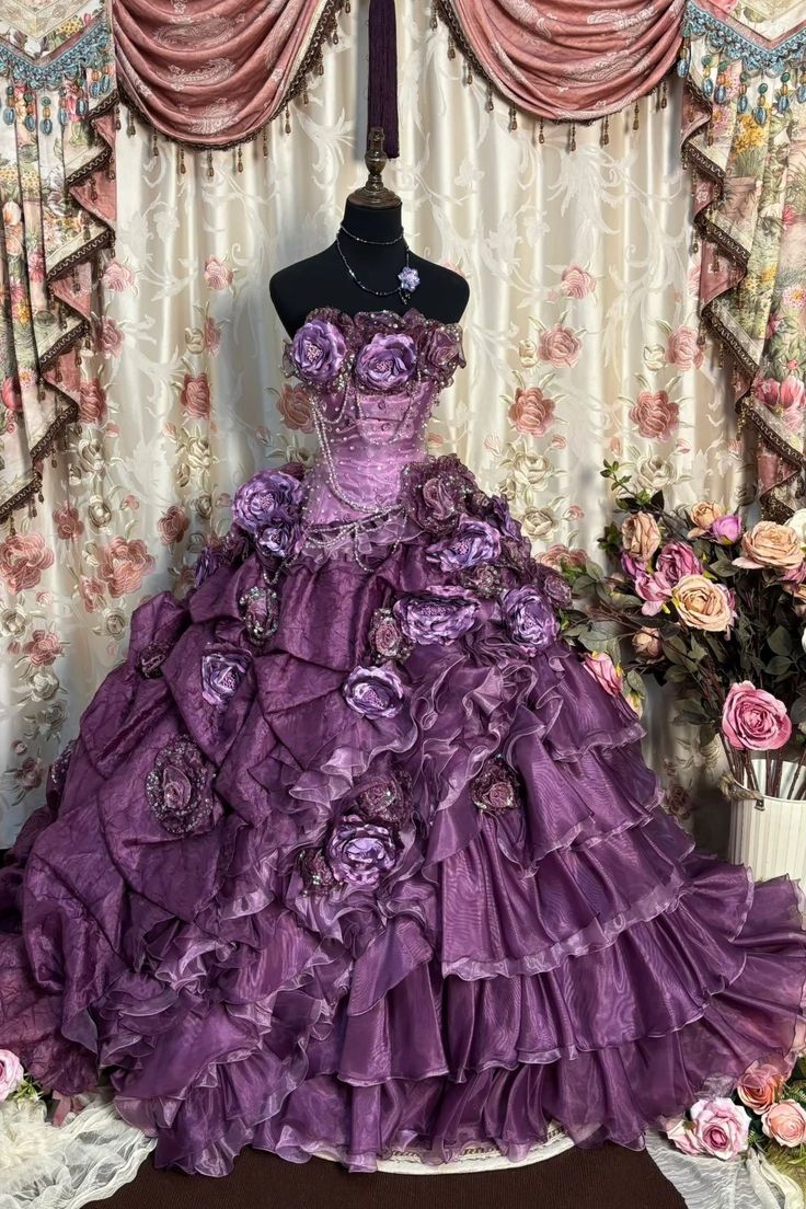 Vintage Purple Ball Gown Strapless Floral Beaded Layered Organza Prom Dress 18th Birthday Dress