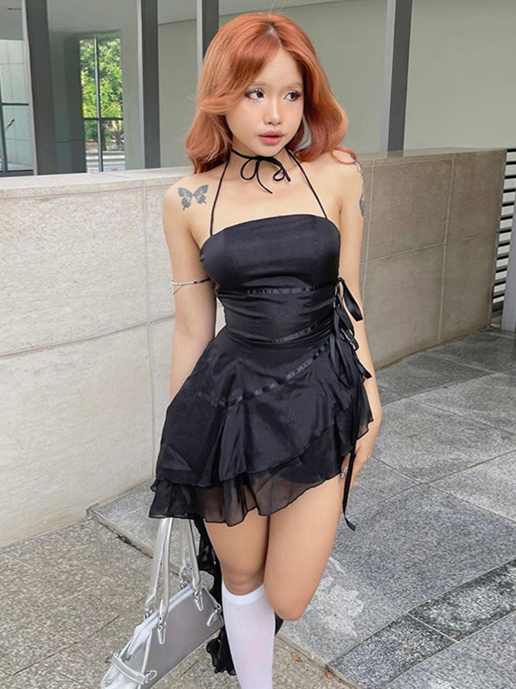 Sleeveless Halter Neck Strapless Ruffle Cap ALine Pleated Hem Swing Tube Top Dress