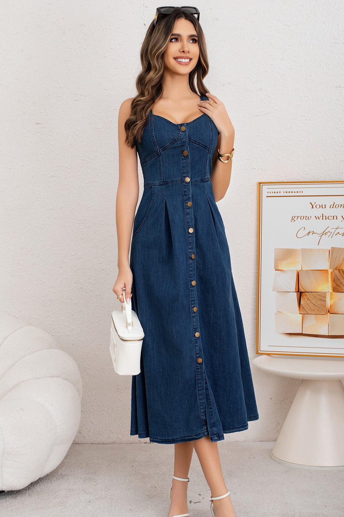 Washed Button Front Cami Denim Dress - View 7 | VelvetHem