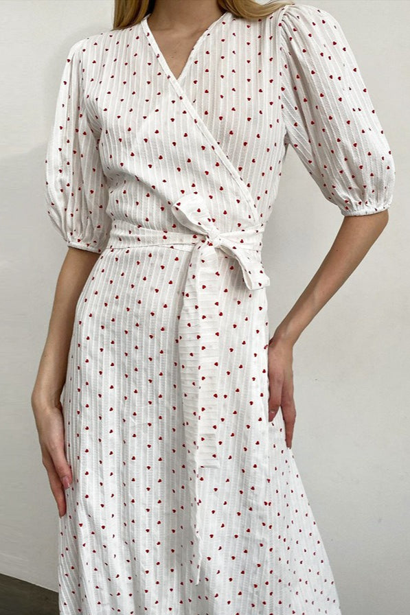 Cotton Heart Print V-Neck Wrap Maxi Dress