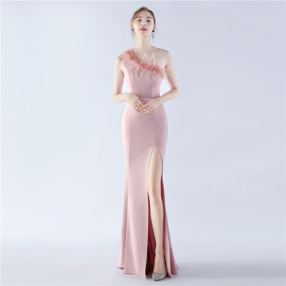 Satin Craft Order Ostrich Feather Dinner Exhibition Wedding Evening Dress - View 3 | VelvetHem