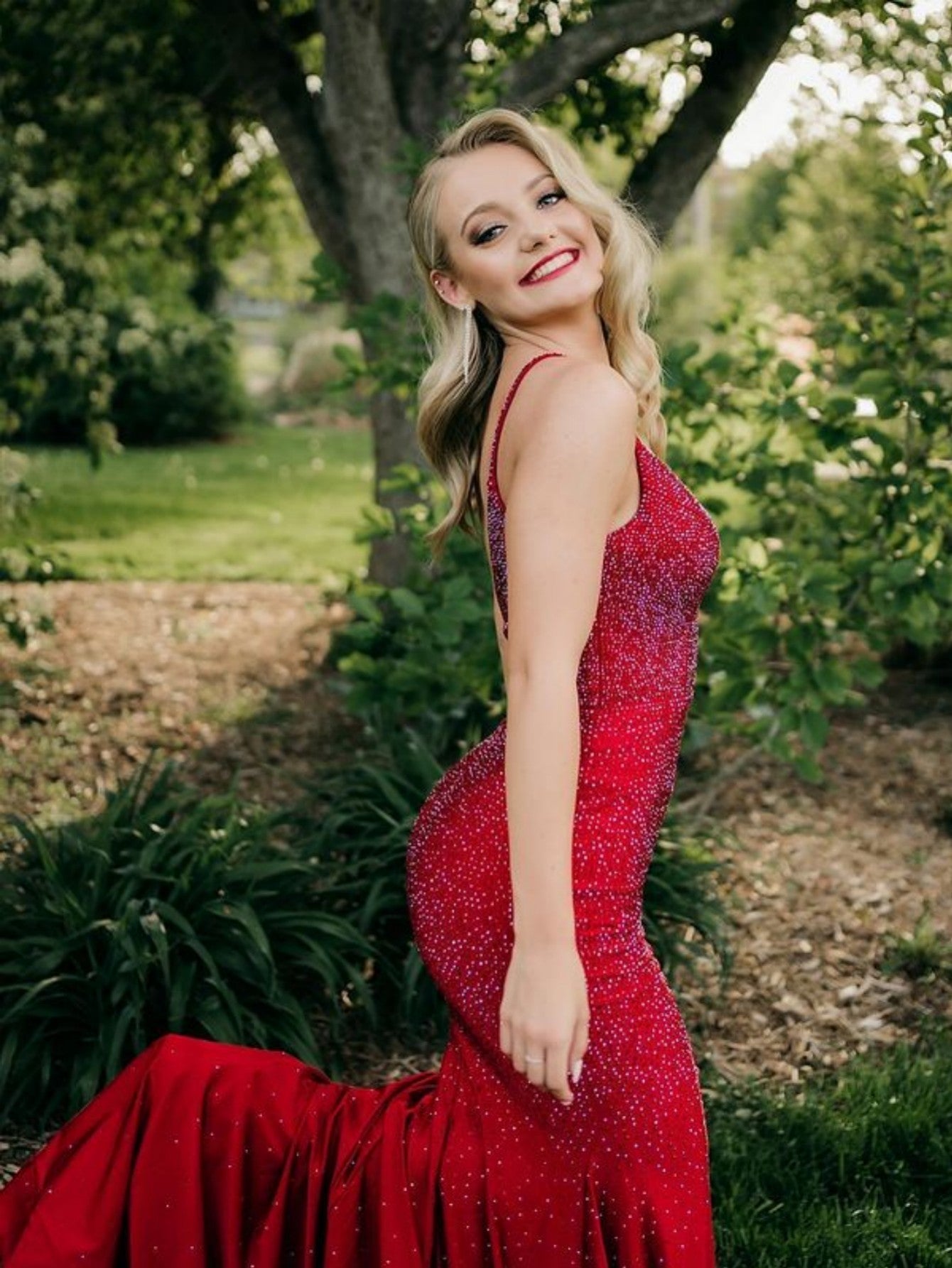 V Neck Glitter Mermaid Red Backless Prom Dress - Fashionpara