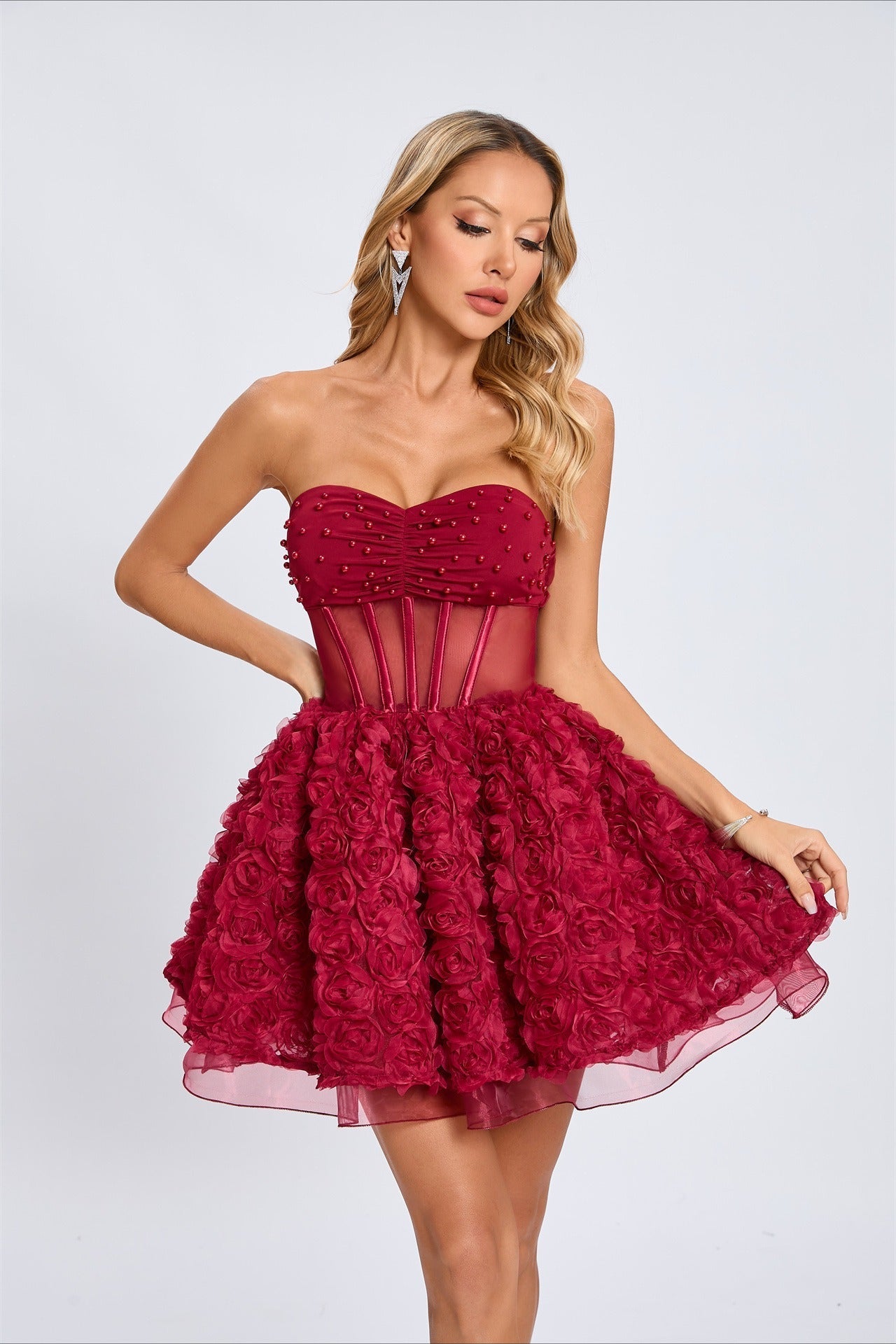 Beaded Strapless Puff Dress with Relaxed Fit and Seasonal Wardrobe Essential