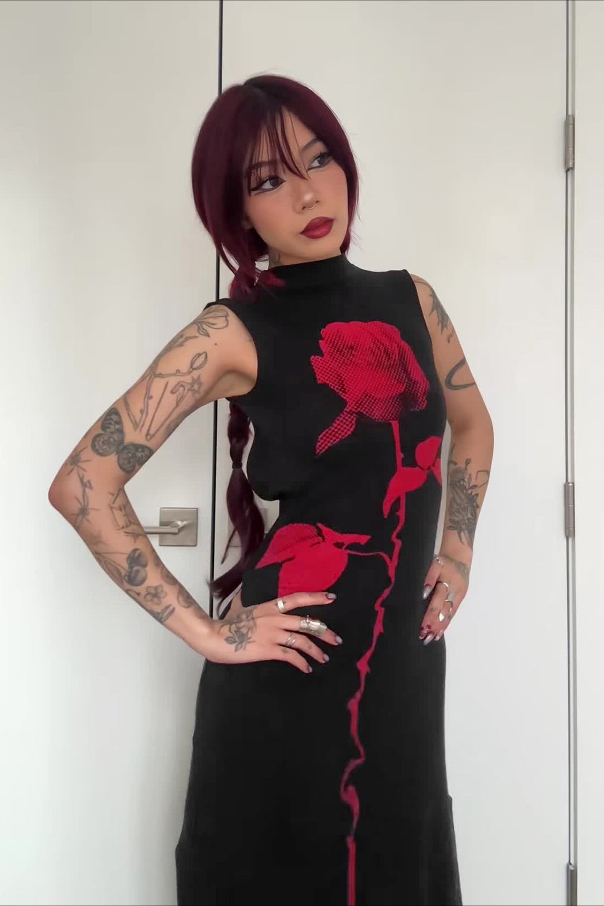 Dark Rose Floral High Neck Sleeveless Side Slit Bodycon Maxi Dress - Fashionpara