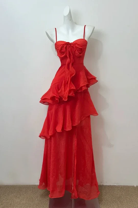 Spaghetti Straps Red Ruffled Long Prom Dress J8348