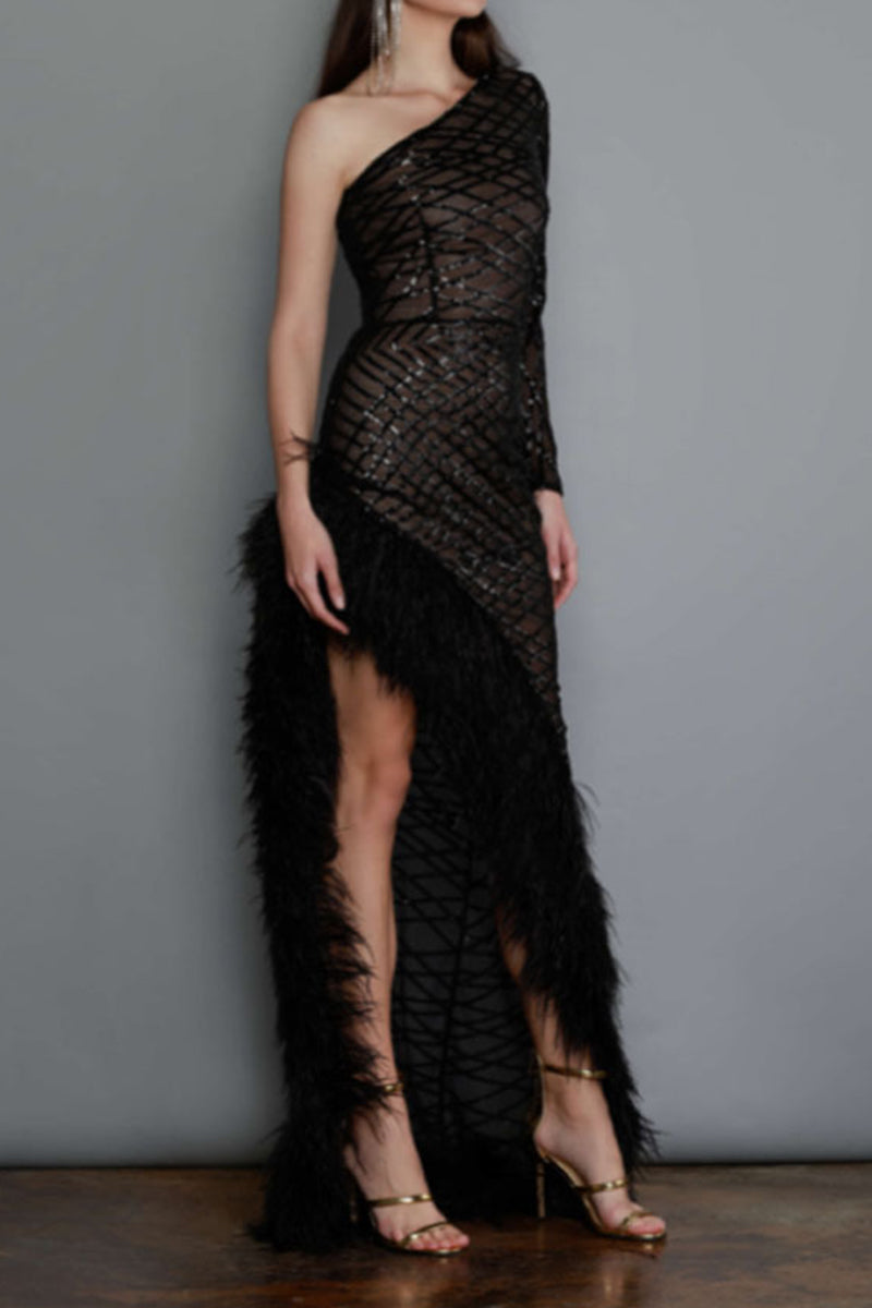 Sexy Prom Irregular Mesh Feather Hemline Sloping Shoulder Evening Dresses - View 2 | VelvetHem