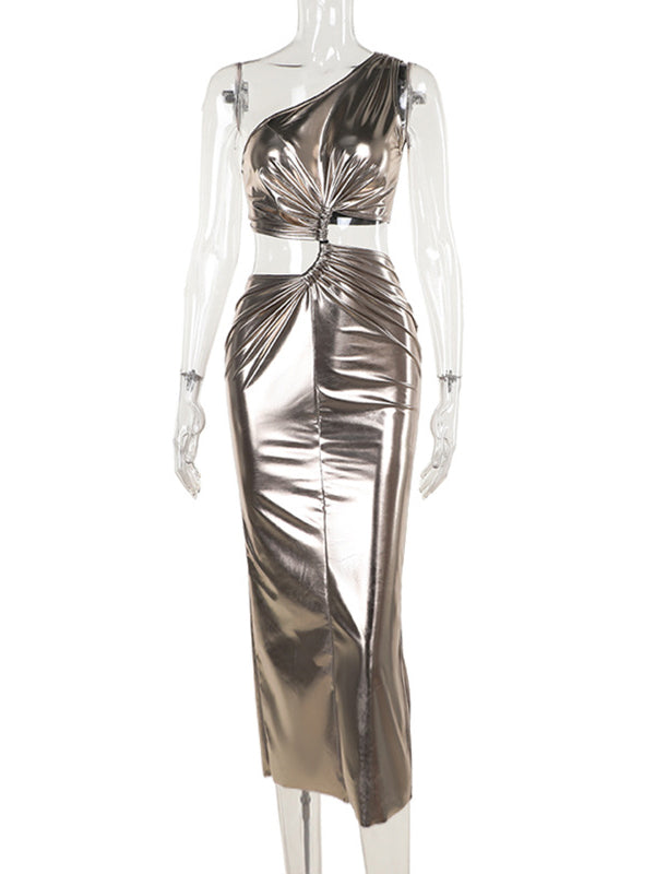 Skinny Sleeveless Asymmetric Pleated Shiny Split-Back Split-Joint One-Shoulder Evening Dresses Maxi Dresses - View 13 | VelvetHem