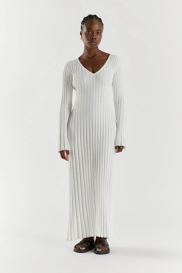 Luisa Elevated Knitted Midi Dress with V Neck and Sleeves Boutique Collection