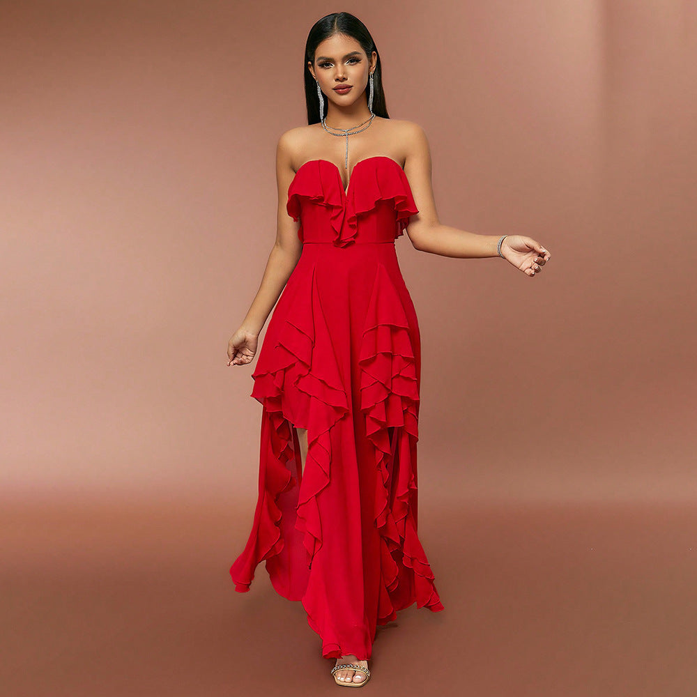 Spring Summer Women Clothing Fashionable Elegant Dress Tube Top V neck Flounce Backless Evening Dress - View 4 | VelvetHem