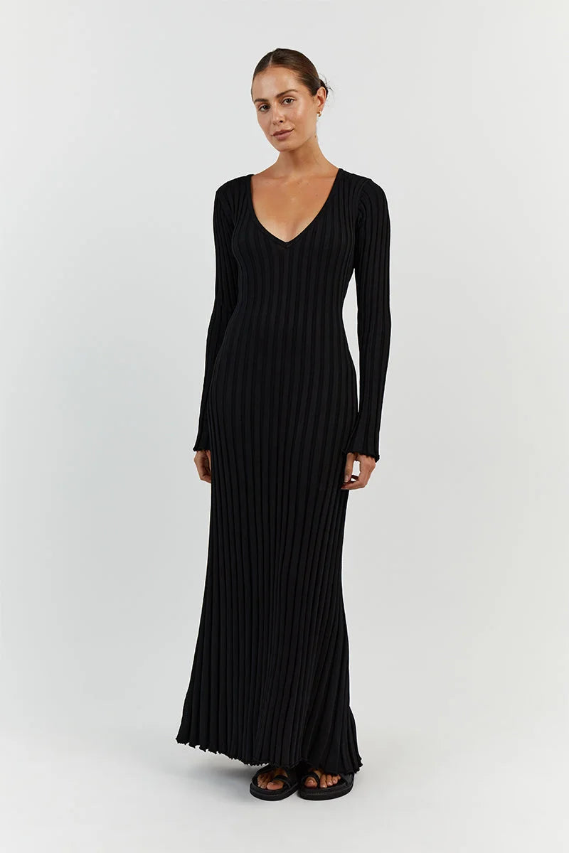 Luisa Elevated Knitted Midi Dress with V Neck and Sleeves Boutique Collection