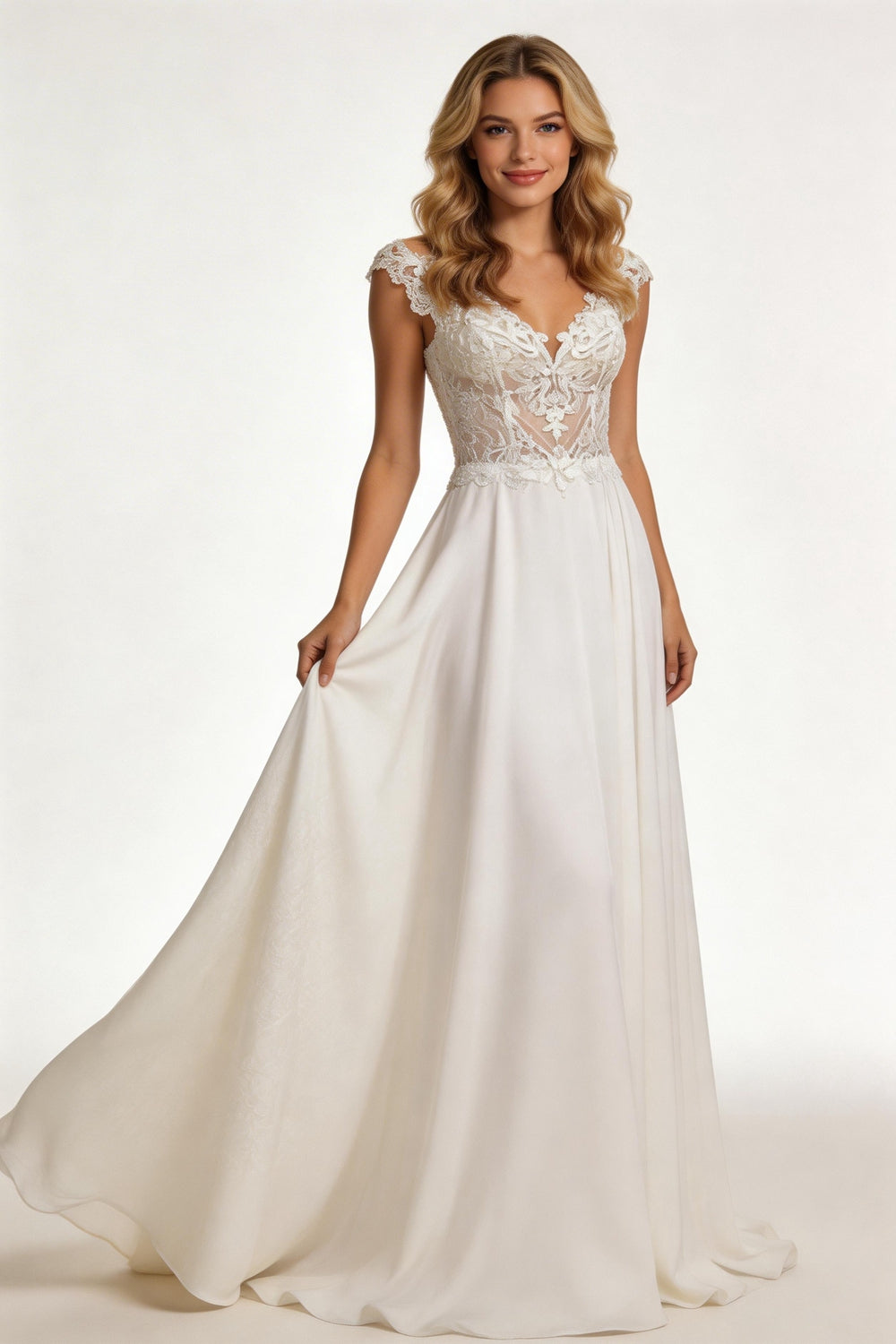 Modern V-Neck Wedding Dresses Lace Appliques Chiffon Backless Boho A-Line Bride Gown Backless Sweep Train Vestido de novia (ZD14088)