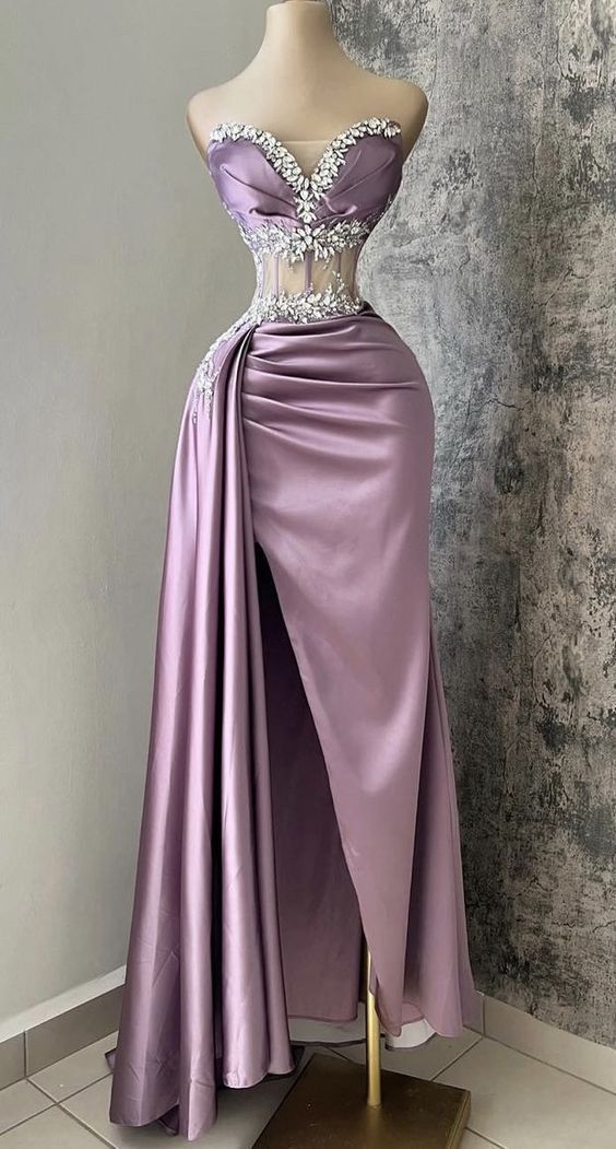 Popular Sweetheart Lilac Beaded Satin Long Prom Dress,Sexy Slit Party Evening Dress