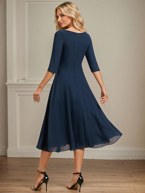 A-line V-Neck Tea-Length Chiffon Mother of the Bride Dress With Pleated - View 2 | FashionDia