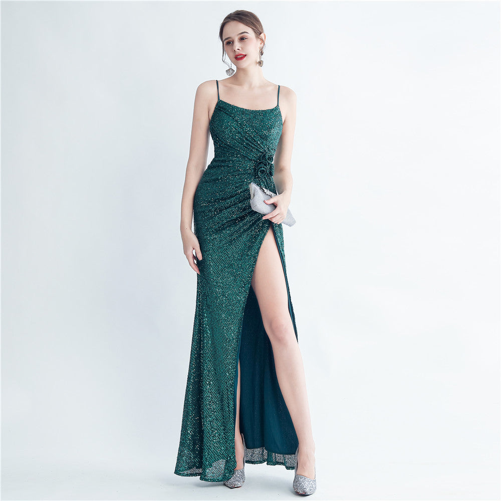 Gathers Sequ Handmade Floral Split Sling Simple Evening Dress - View 3 | VelvetHem