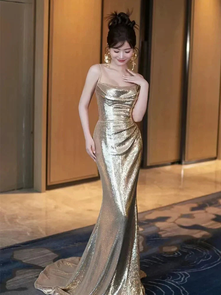 Gold Sequin Mermaid Long Prom Dress Sexy Evening Dresses