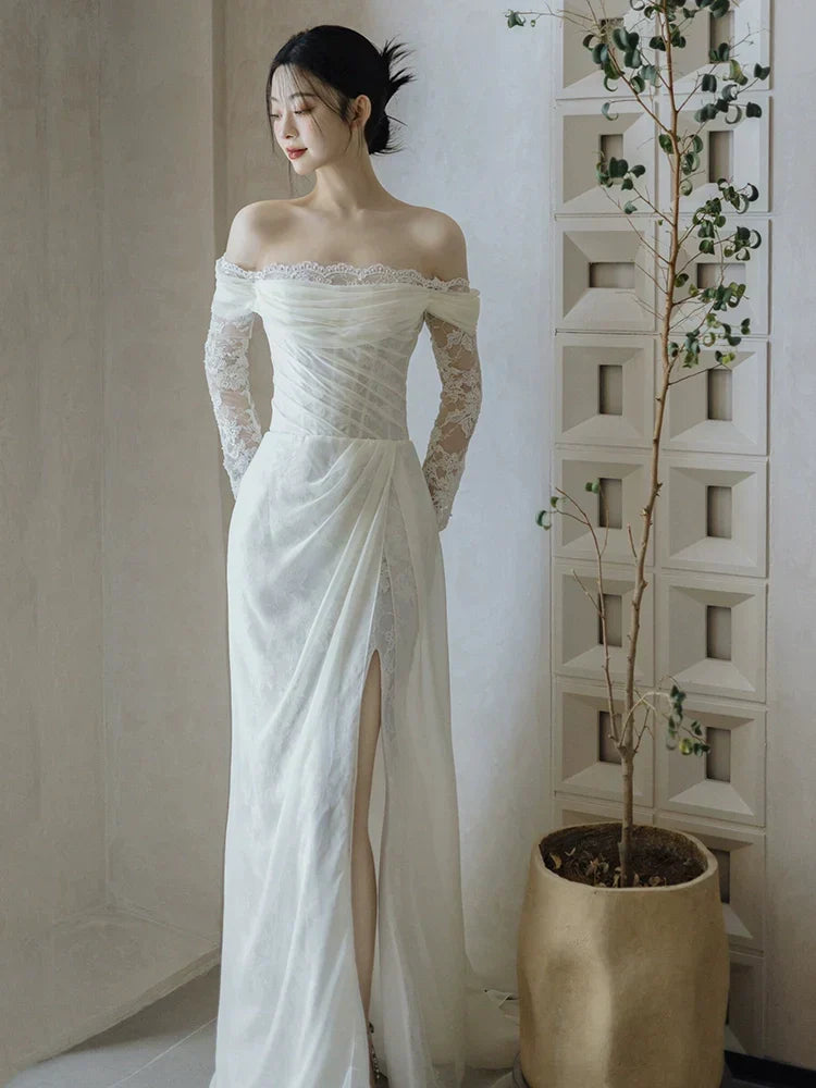 Off Shoulder Lace Long Wedding Dress Evening Party Dresses