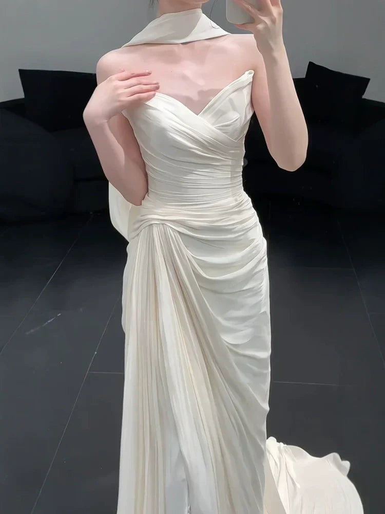 Strapless Pleat Long Wedding Dress Evening Party Dresses - FashionDia