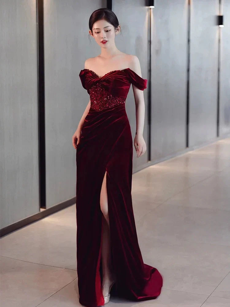 Burgundy Velvet Mermaid Long Prom Dress Off-the-Shoulder Evening Dresses With Slit - FashionDia