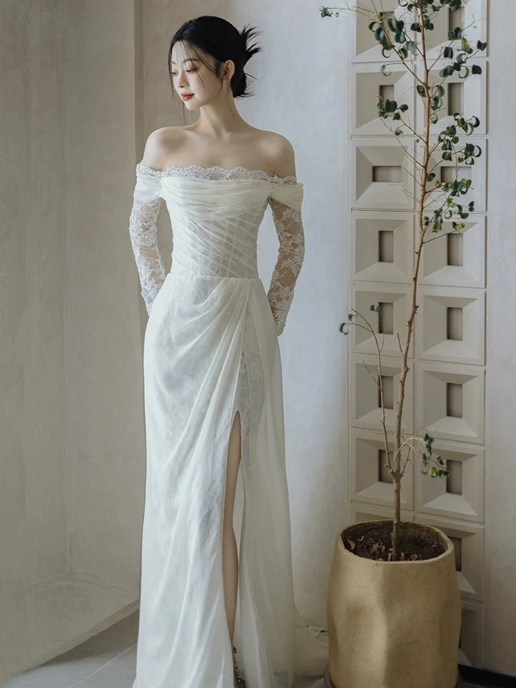 Off Shoulder Lace Long Wedding Dress Evening Party Dresses    fg7704