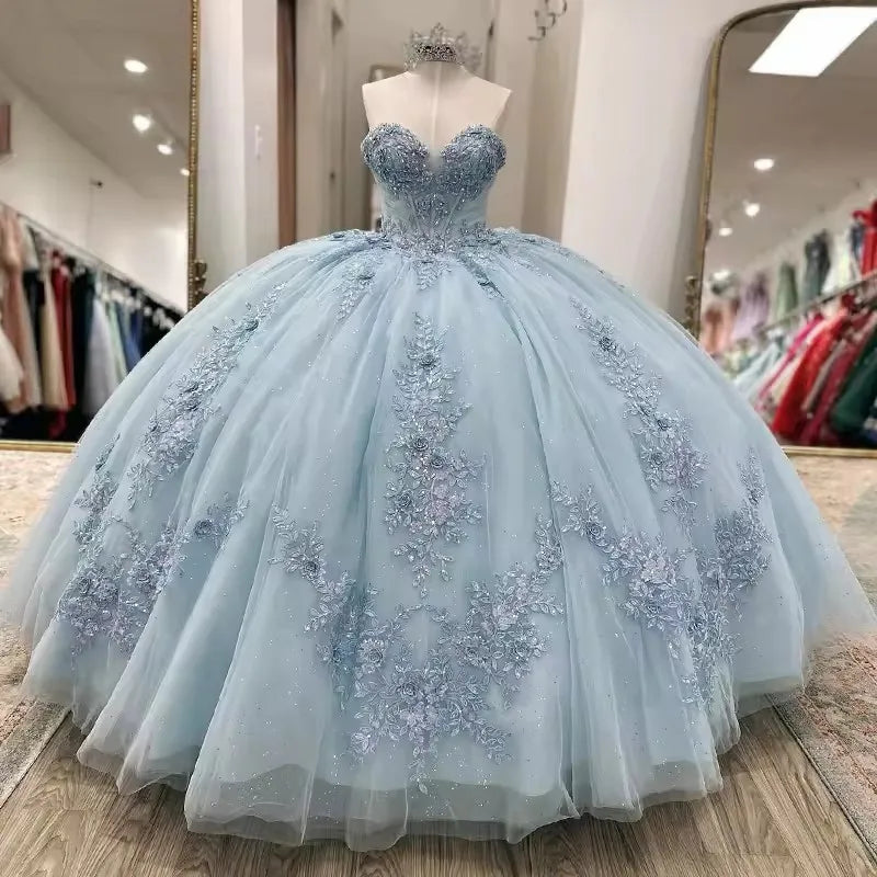 Sparkly Light Blue Quinceanera Dress Cape Flower Lace Vestidos de 15 Anos Birthday Party Princess Ball Gown - VelvetHem