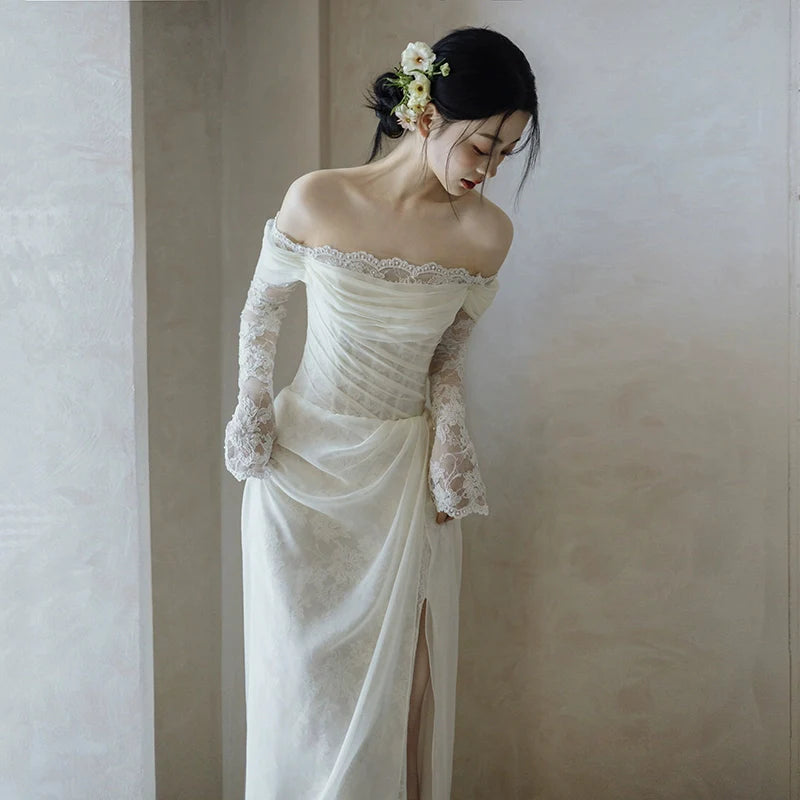 Off Shoulder Lace Long Wedding Dress Evening Party Dresses    fg7704