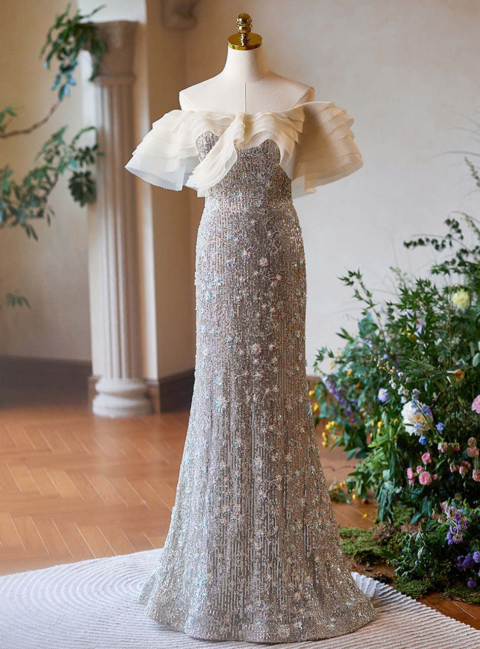Luxury Silver Mermaid Sequins Beading Prom Dress Formal Evening Dress Y7614 - View 4 | VelvetHem